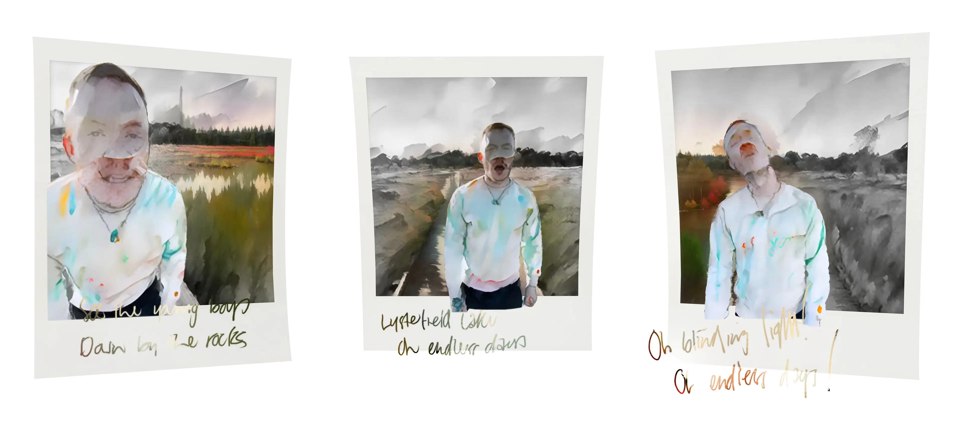 Three polaroids containing the singer and lyrics overlaid.